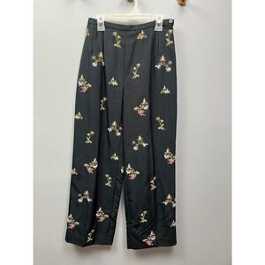 TALBOTS Pants Womens size 4 black silk blend embroidered cropped Floral